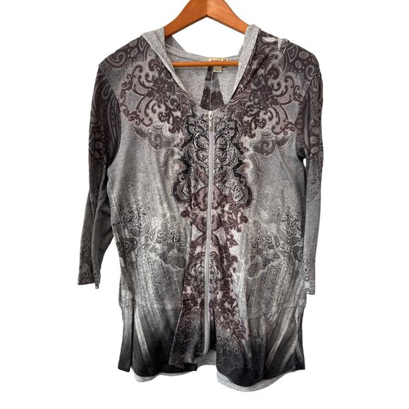 OneWorld Jacket Size Large Floral Full Zip Hooded 3/4 Sleeve Studded Rhinestone - Picture 1 of 7